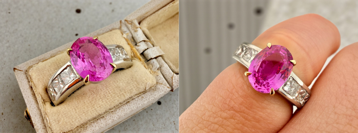 Platinový prsten s růžovým neupraveným madagaskarsým safírem a diamanty
